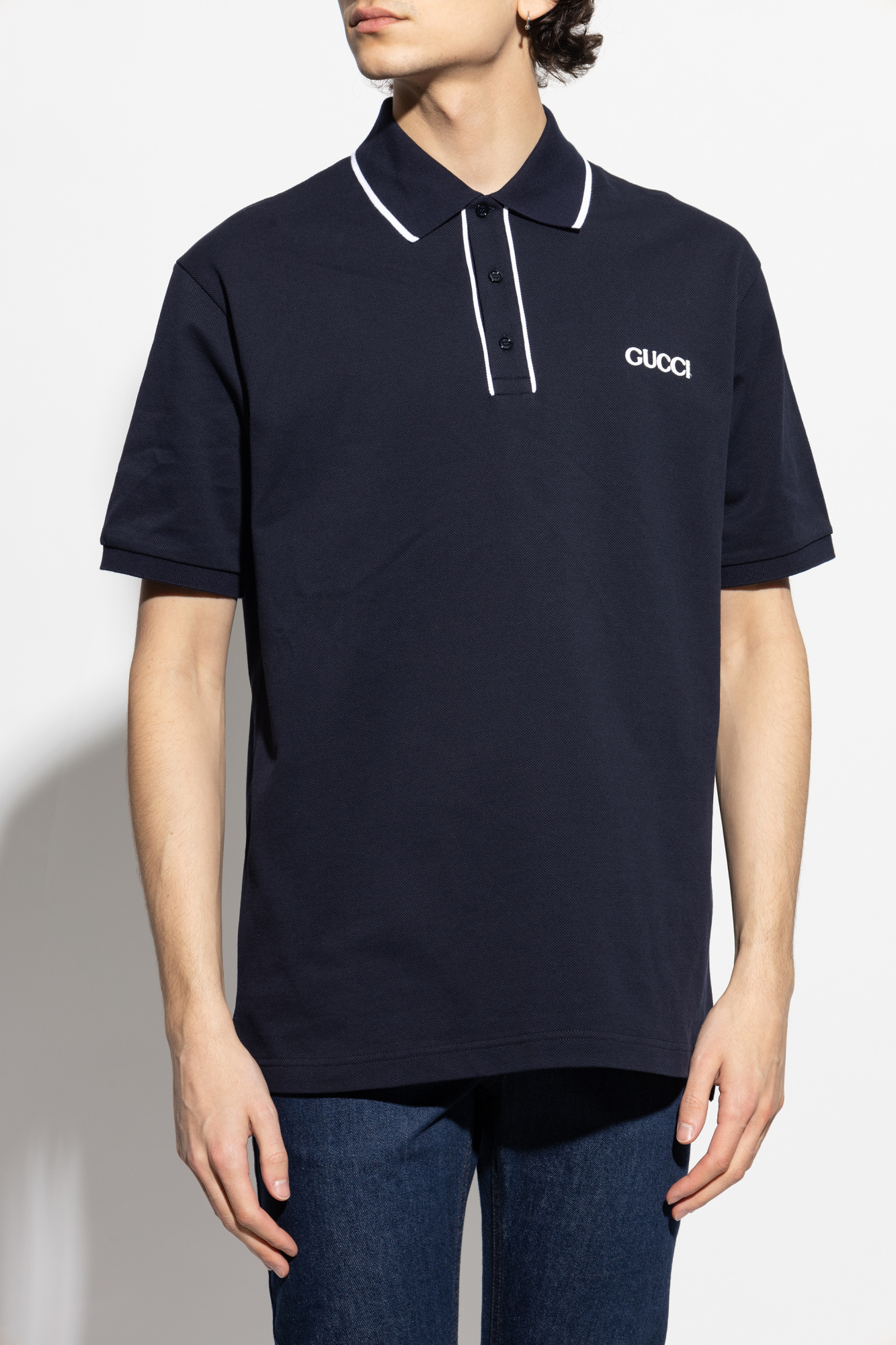 【送料&関税込】Gucci Navy Blue Stretch Cotton Blend Polo Sh Polo shirt Gucci Blue size M International in Cotton - 37101554